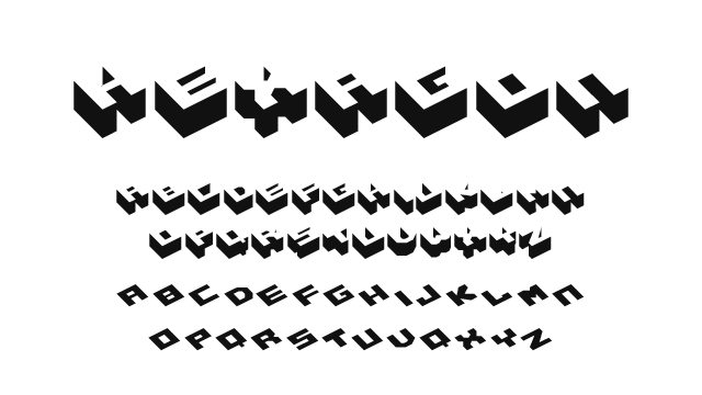 奥行きのある立体的な文字を上から見下ろしたクォータビュ－フォント