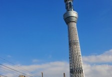 電車と東京スカイツリーを撮影した、抜けの良い青空が開放感のある写真