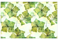 トンボと植物の葉をテーマにした柔らかいタッチの水彩画調パターン