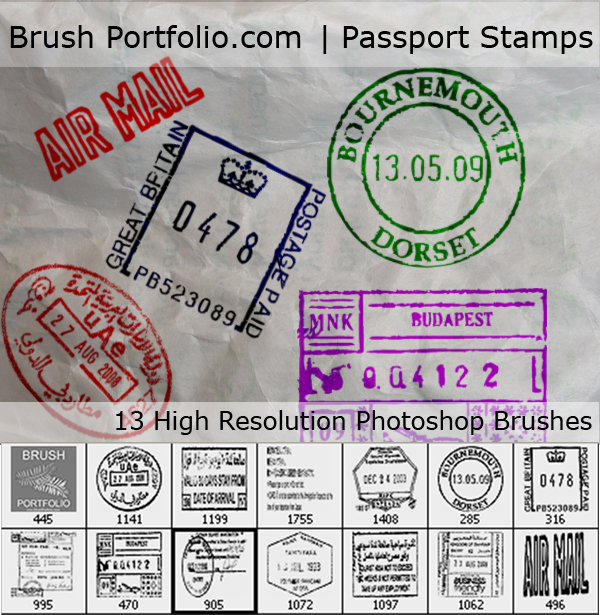 パスポートのスタンプをテーマにしたPhotoshopブラシセット「Passport Stamps」
