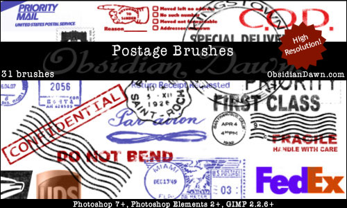 郵便スタンプをテーマにした、色々な種類のフォトショップブラシセット