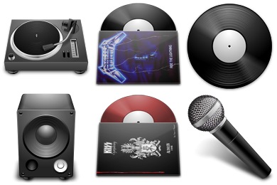 ターンテーブルやレコードなど、DJ用の音響機器のデスクトップアイコン