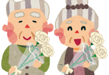 バラを持ったおじいちゃん・おばあちゃん夫婦のイラスト素材。敬老の日のデザインに。