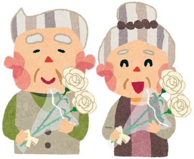 バラを持ったおじいちゃん・おばあちゃん夫婦のイラスト素材。敬老の日のデザインに。