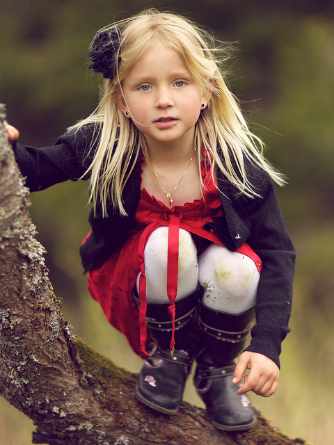木の上でしゃがむファッションモデルのような雰囲気の少女の写真素材