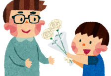 お父さんに白いバラの花束を渡す男の子の父の日向けイラスト素材
