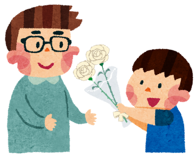 無料素材 お父さんに白いバラの花束を渡す男の子の父の日向けイラスト素材