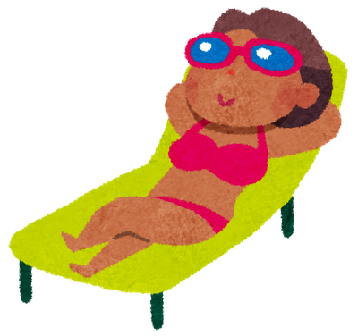 サングラスをかけビーチベッドに寝そべって日焼けする女性のイラスト