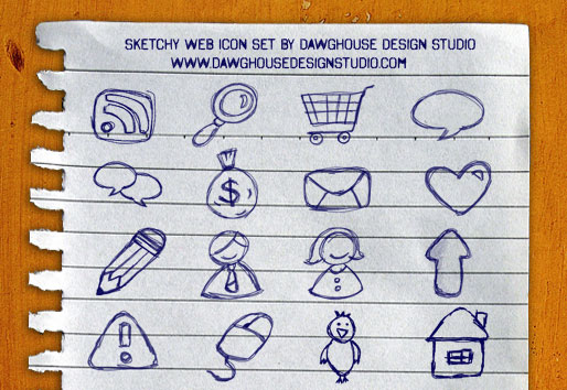 ラフスケッチ風手描きアイコンセット。RSS・メール・ショッピングカートなど。