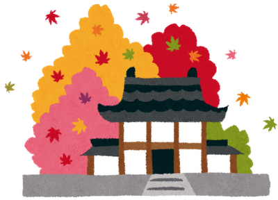 鮮やかに色づいた紅葉を背景にした京都のお寺のイラスト素材