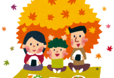 紅葉狩りでお弁当を食べながらピクニックする家族のイラスト素材