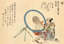 江戸時代の傘を作る職人の真剣な表情を描いた浮世絵調のイラスト