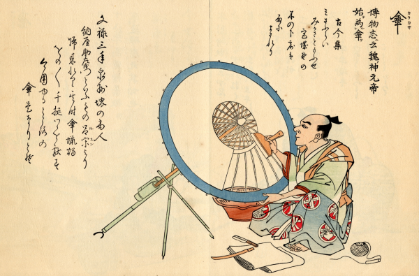 フリー素材 江戸時代の傘を作る職人の真剣な表情を描いた浮世絵調のイラスト