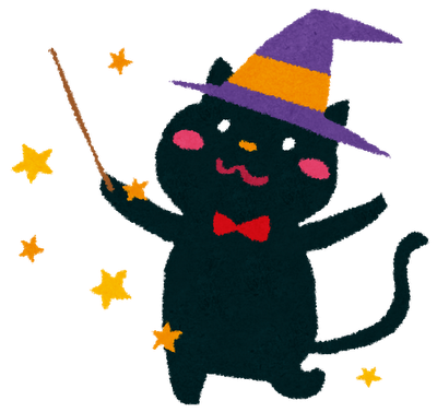 黒猫を魔法使いのキャラクターにしたかわいいハロウィン用イラスト素材
