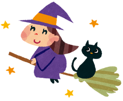 ホウキに乗った魔女と黒猫のかわいいイラスト素材。ハロウィンのデザインにぴったり。