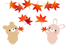 秋のもみじ・クマ・ウサギのイラストセット。使いやすい透過PNG画像。