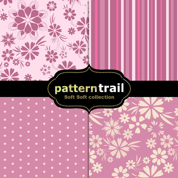 ピンクがベースカラーのかわいいパターン素材4種類セット。花柄・ドット・ストライプなど。