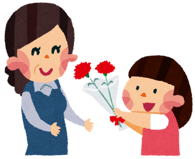 勤労感謝の日にお母さんへ花をプレゼントする娘のイラスト素材