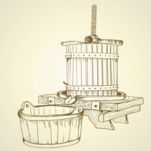 ワインを作るブドウ絞り器をモチーフにした優しいタッチの手書き風イラスト素材