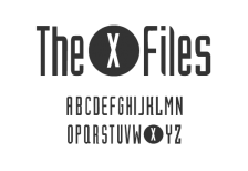 X-Filesをテーマにしたフリーフォント。縦長シルエットと丸で囲まれた「X」がアクセント。