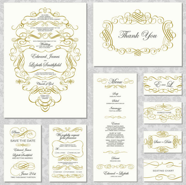 ゴールドの飾りフレームが美しいメッセージカードやレストランのメニュー風ベクター素材