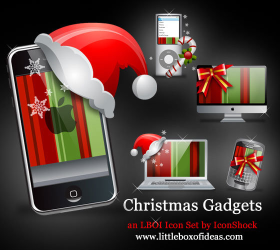 サンタ帽子やリボンで飾ったiPhoneやMacなどのクリスマスアイコン