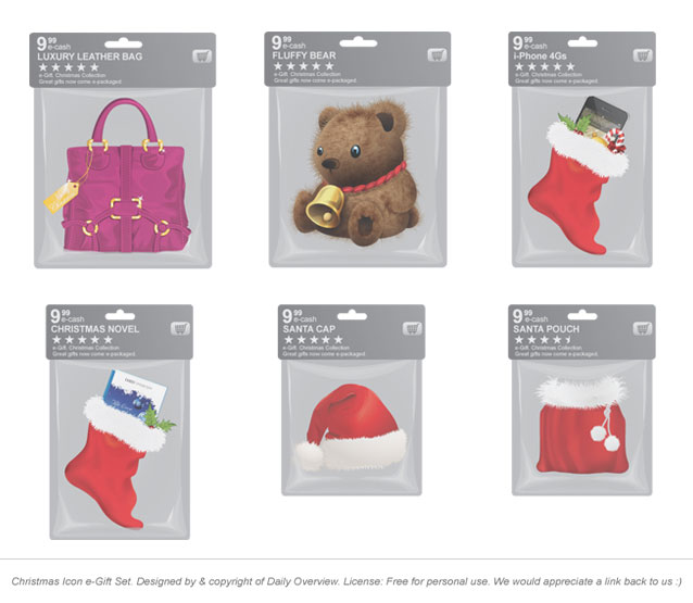 お店のパッケージ風のクリスマスプレゼントのイラストアイコン。くまのぬいぐるみやバッグなど。
