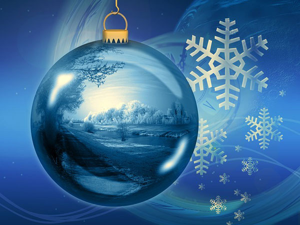 フリー素材 ブルーに統一されたデザインがクールなクリスマスボールのイラスト