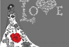 花柄のウェディングドレスを着た女性のイラスト