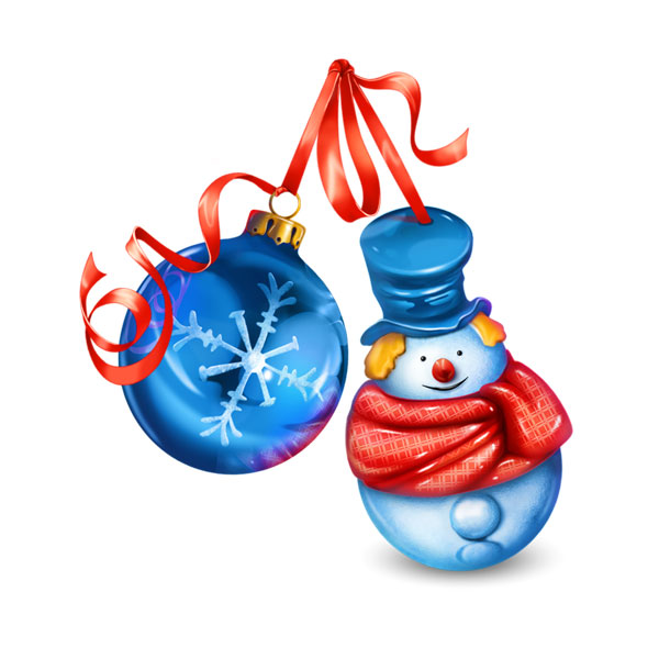 ブルー系の爽やかな色合いがきれいなスノーマンとクリスマスボールのイラストアイコン