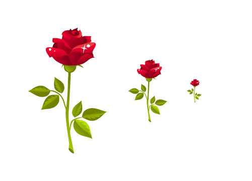 フリー素材 葉と茎のついた赤いバラのイラストアイコン 花びらの雫と反射がワンポイント