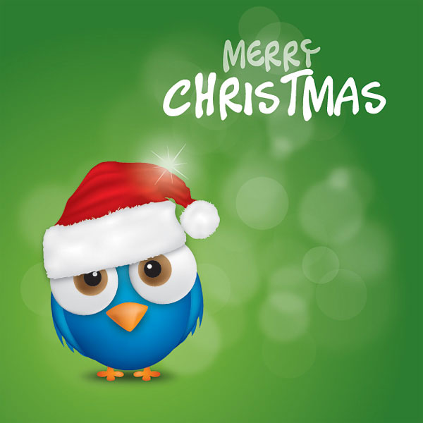 フリー素材 サンタ帽子の鳥のキャラクターがかわいいクリスマスイラスト