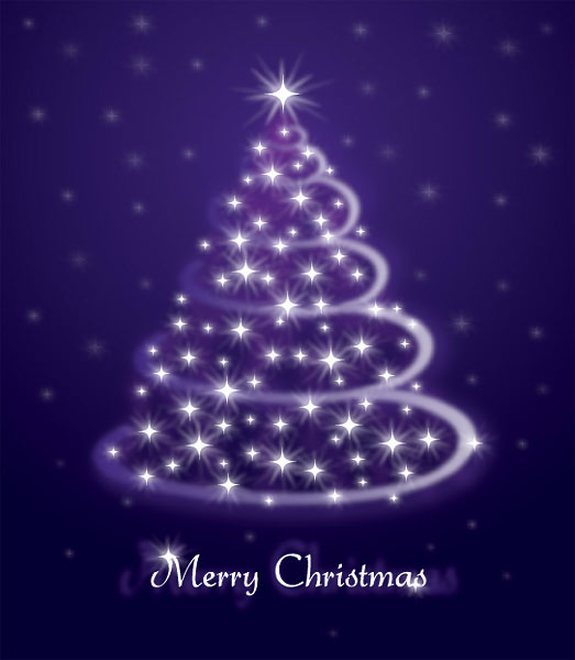フリー素材 キラキラ輝く星や光のラインが幻想的なクリスマスツリーのイラストテンプレート
