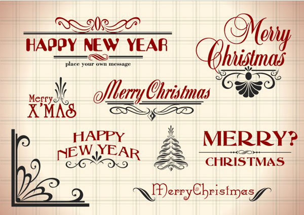 クリスマスの文字をカリグラフィーの風の装飾やイラストで飾ったベクター素材