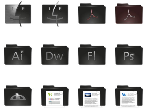 黒を基調にしたメタリックな質感のデスクトップアイコン。フォルダやアプリなど。
