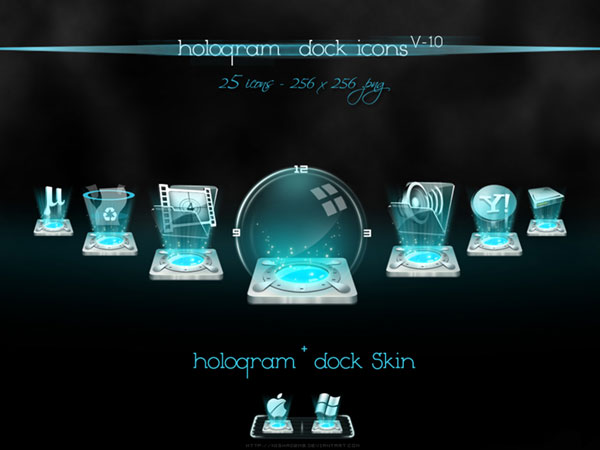 青いライトで浮かび上がる3Dホログラムがサイバーチックなドックアイコン