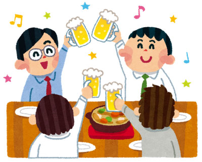 乾杯するサラリーマンのイラスト。仕事帰りの飲み会や忘年会の雰囲気