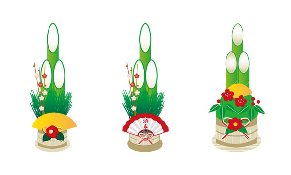 いろいろな飾り付けがかわいいお正月の門松のイラストセット