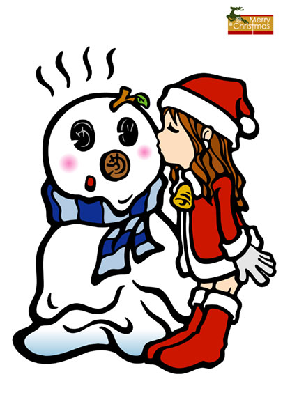 女の子のキスで溶ける雪だるまのイラストがかわいいクリスマスカードのテンプレート