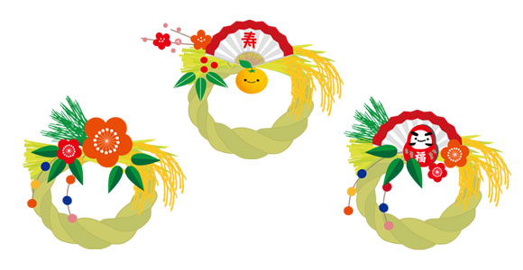 ダルマやミカンなどで飾ったお正月のしめ飾りのイラストセット