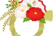 お正月のしめ縄飾りのイラスト。紅白の花がきれいで縁起の良い雰囲気。