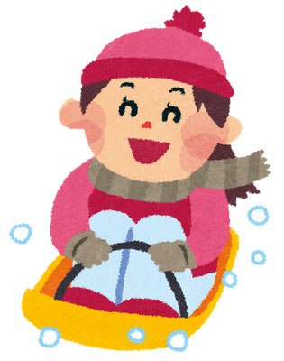 無料素材 雪しぶきをあげて楽しそうにソリ滑りをする女の子のイラスト