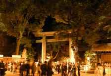 夜にライトアップされた明治神宮を被写体にした初詣の写真素材