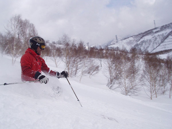雪しぶきを上げて勢いよくゲレンデを滑るスキーの写真素材