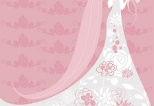 白いウェディングドレスの女性とバラ柄のピンクの背景がかわいい結婚式のベクターイラスト
