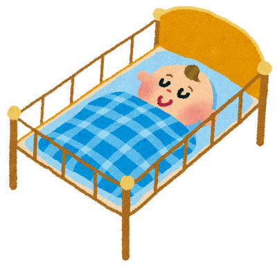フリー素材 ベビーベッドで眠る赤ちゃんのイラスト 楽しい夢を見てそうなかわいい寝顔