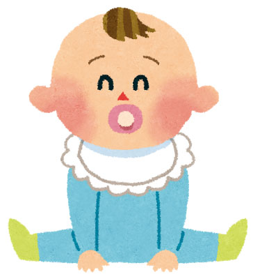 おしゃぶりをくわえた笑顔の赤ちゃんのイラスト。ピンクのほっぺと表情がかわいい。