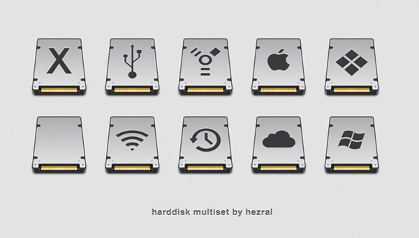 フリー素材 ハードディスクのアイコンセット 重厚感のあるクールなデザイン10種類
