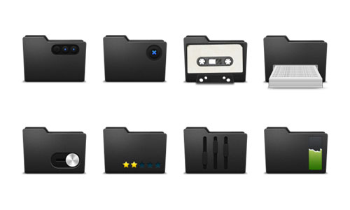 黒を基調にしたクールなフォルダアイコンセット。音楽や写真などのメディアファイル他32種類