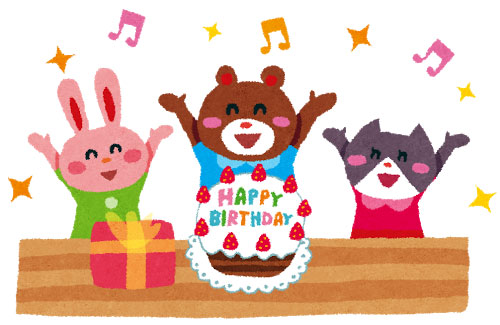 動物たちのお誕生会をテーマにしたかわいいイラスト（クマ・ウサギ・ネコ）